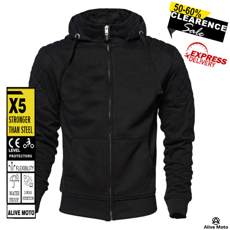 MC Classic Black Motorcycle Hoodie – CE Level 2 Armored, DuPont™ Kevlar® Lined, Water-Repellent, Urban Street Riding Gear