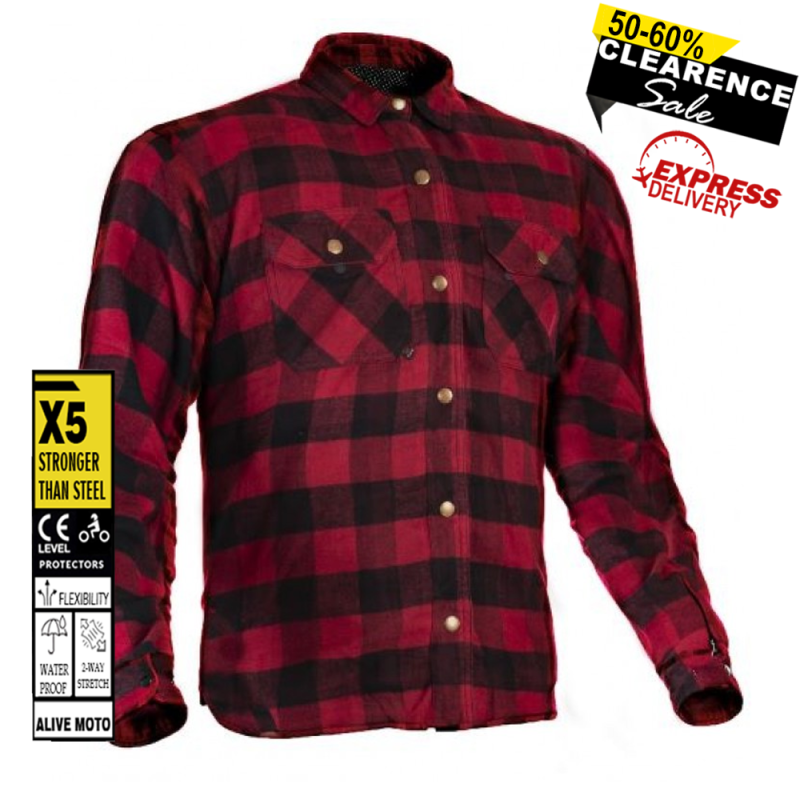 Motorcycle Premium Red/Black Flannel Shirt – CE Certified, Full Kevlar® Lined, Water-Repellent, Urban Rider Style