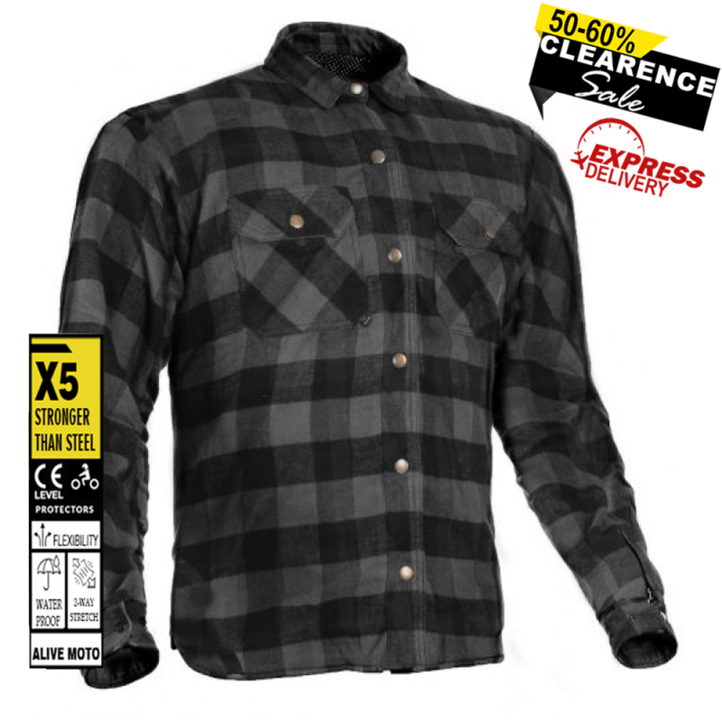 Motorcycle Premium Dark Grey Flannel Shirt – CE Certified, Kevlar® Lined, Water-Repellent, All-Weather Urban Rider Shirt