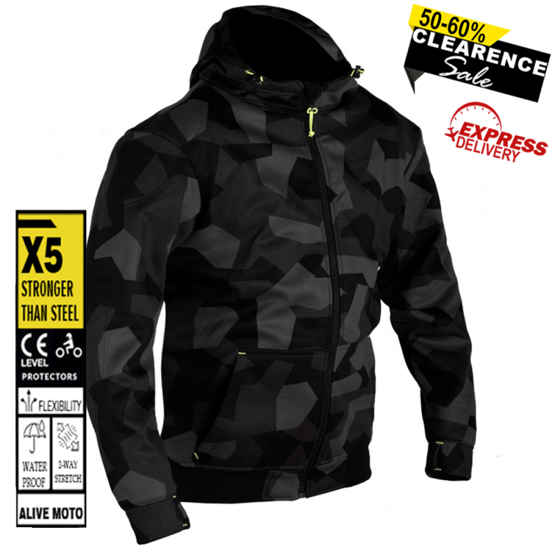 Motorcycle Premium Camo Grey Hoodie – CE Certified, Full Kevlar® Lined, Water-Repellent