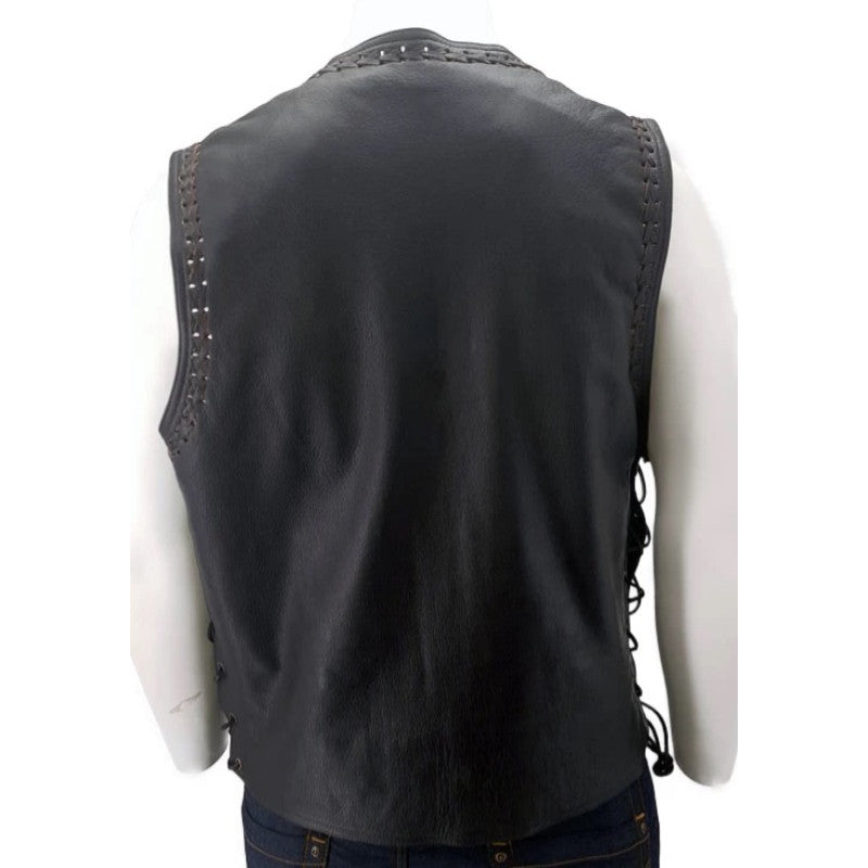 Motorcycle Thor Black Leather Vest Premium Cowhide, Classic Biker Style with Pockets & Patch-Ready Back