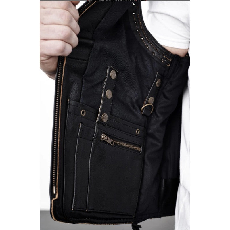 Motorcycle Thor Black Leather Vest Premium Cowhide, Classic Biker Style with Pockets & Patch-Ready Back