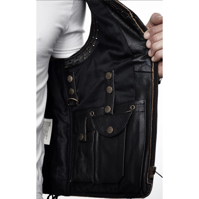 Motorcycle Thor Black Leather Vest Premium Cowhide, Classic Biker Style with Pockets & Patch-Ready Back