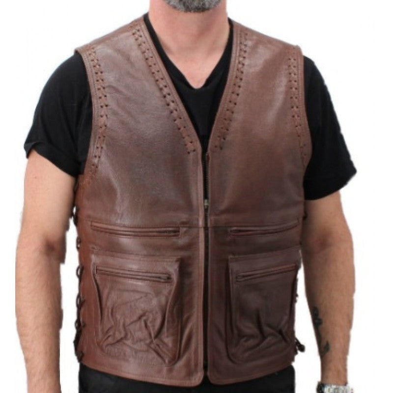 Motorcycle Thor brown leather vest Cowhide, Patch Ready Back, Ideal for Biker Clubs & Riders