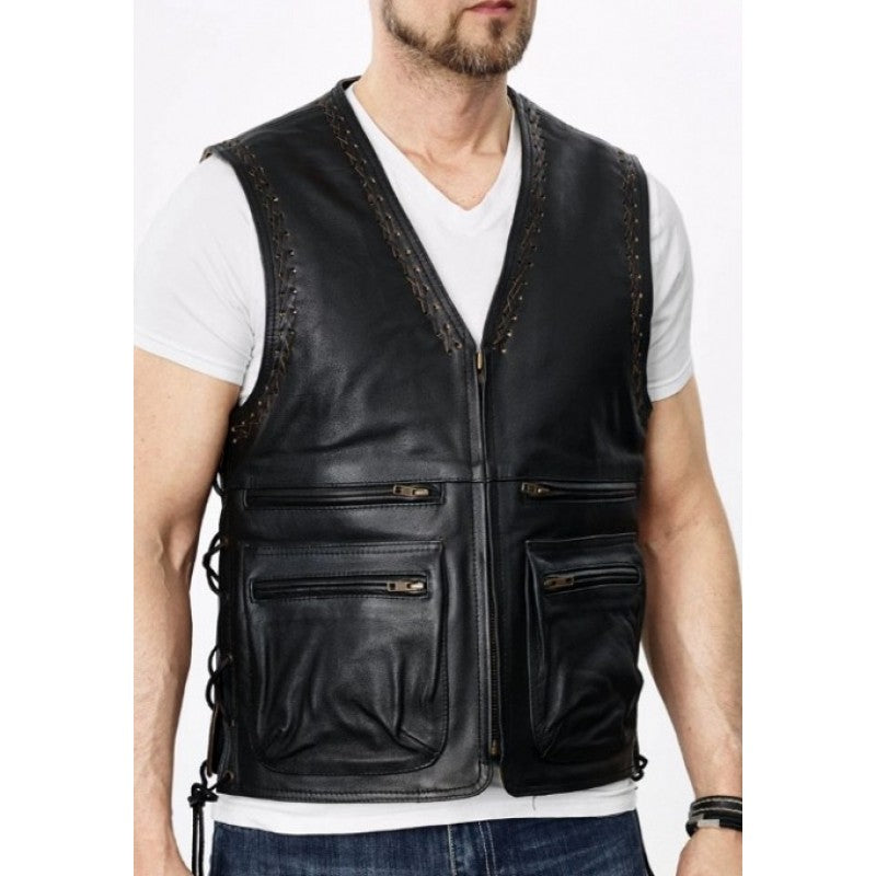 Motorcycle Thor Black Leather Vest Premium Cowhide, Classic Biker Style with Pockets & Patch-Ready Back
