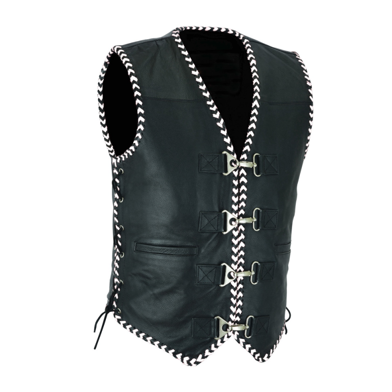 Men's Club White laces leather Vest Premium Cowhide, Patch Ready Back, Ideal for Biker Clubs & Riders