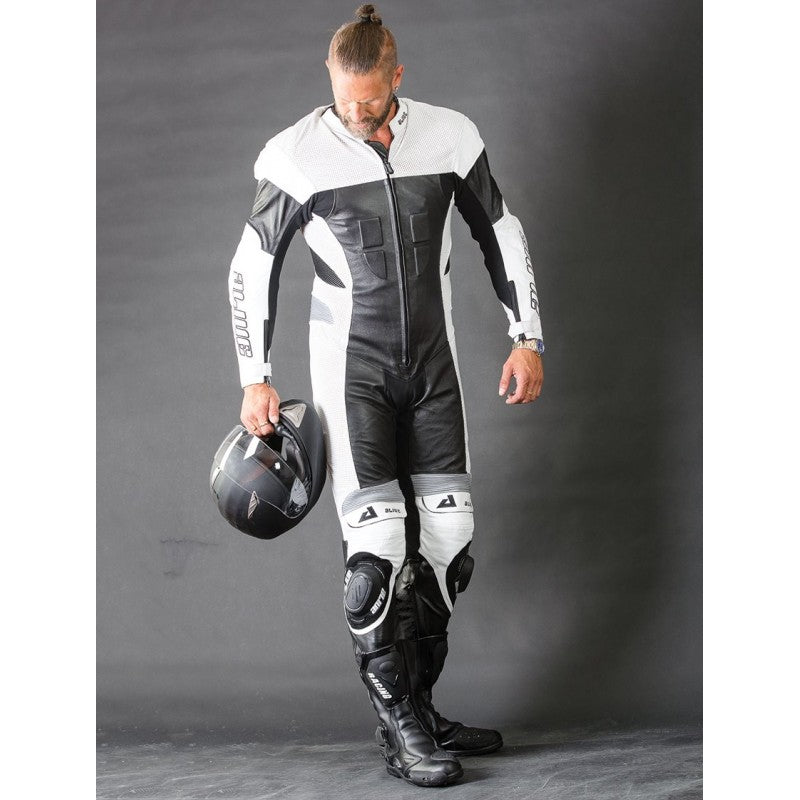 Mini Moto Racing Leather Suit – Black/White | 1.2–1.4mm Cowhide, CE Level 2 Armor, Kevlar® Reinforced, One-Piece Race Suit