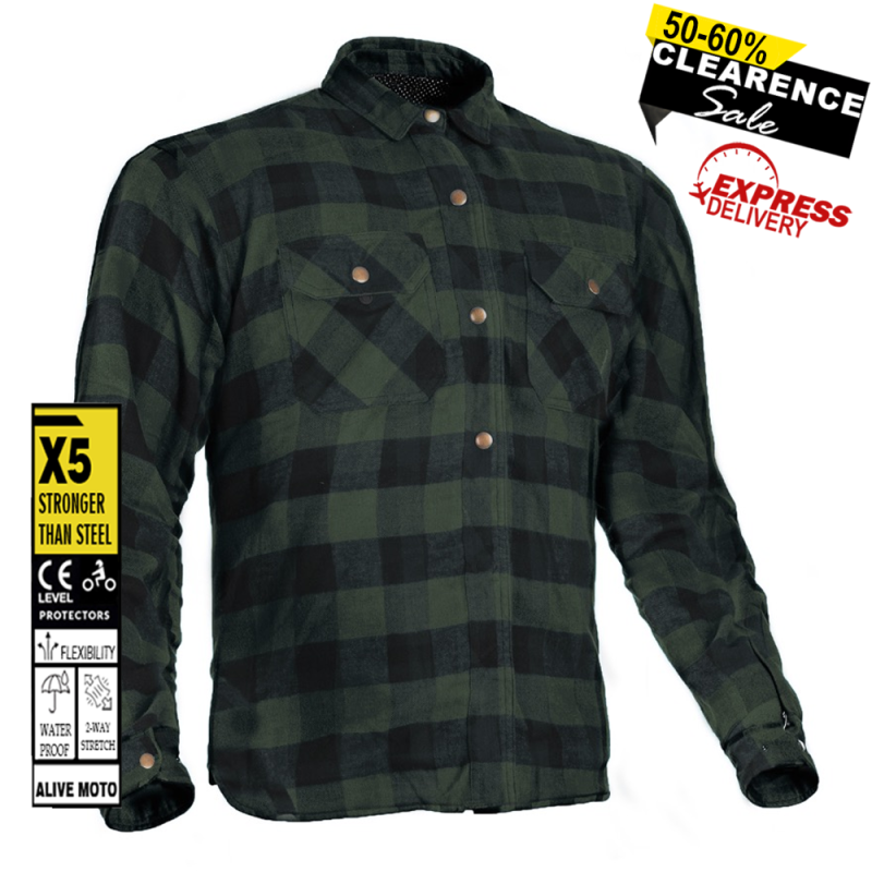 MC Premium Army Green/Black Flannel Motorcycle Shirt – Waterproof, CE Level 2 Protection, Kevlar® Lined, All-Weather Riding, Men’s Sizes XXS–6XL