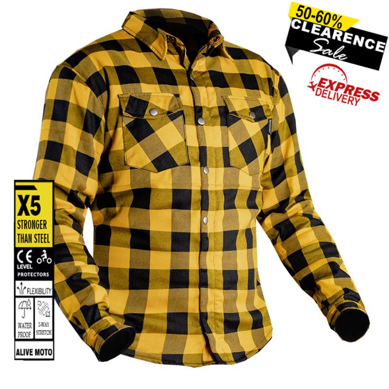 Premium Yellow Flannel Motorcycle Shirt – CE Level 2, DuPont™ Kevlar®, Water-Repellent