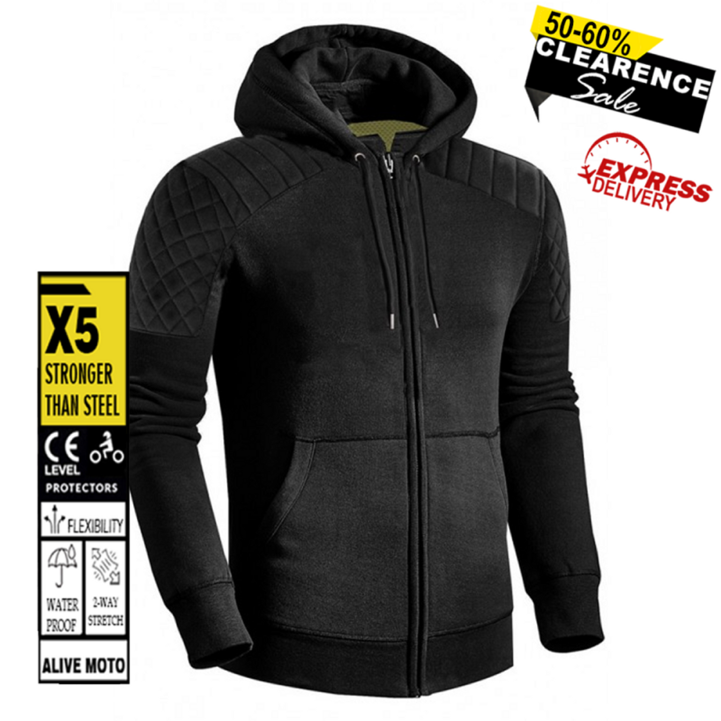 Women's Premium Classic Black Motorcycle Hoodie – CE Level 2 Armour – DuPont™ Kevlar® Lined