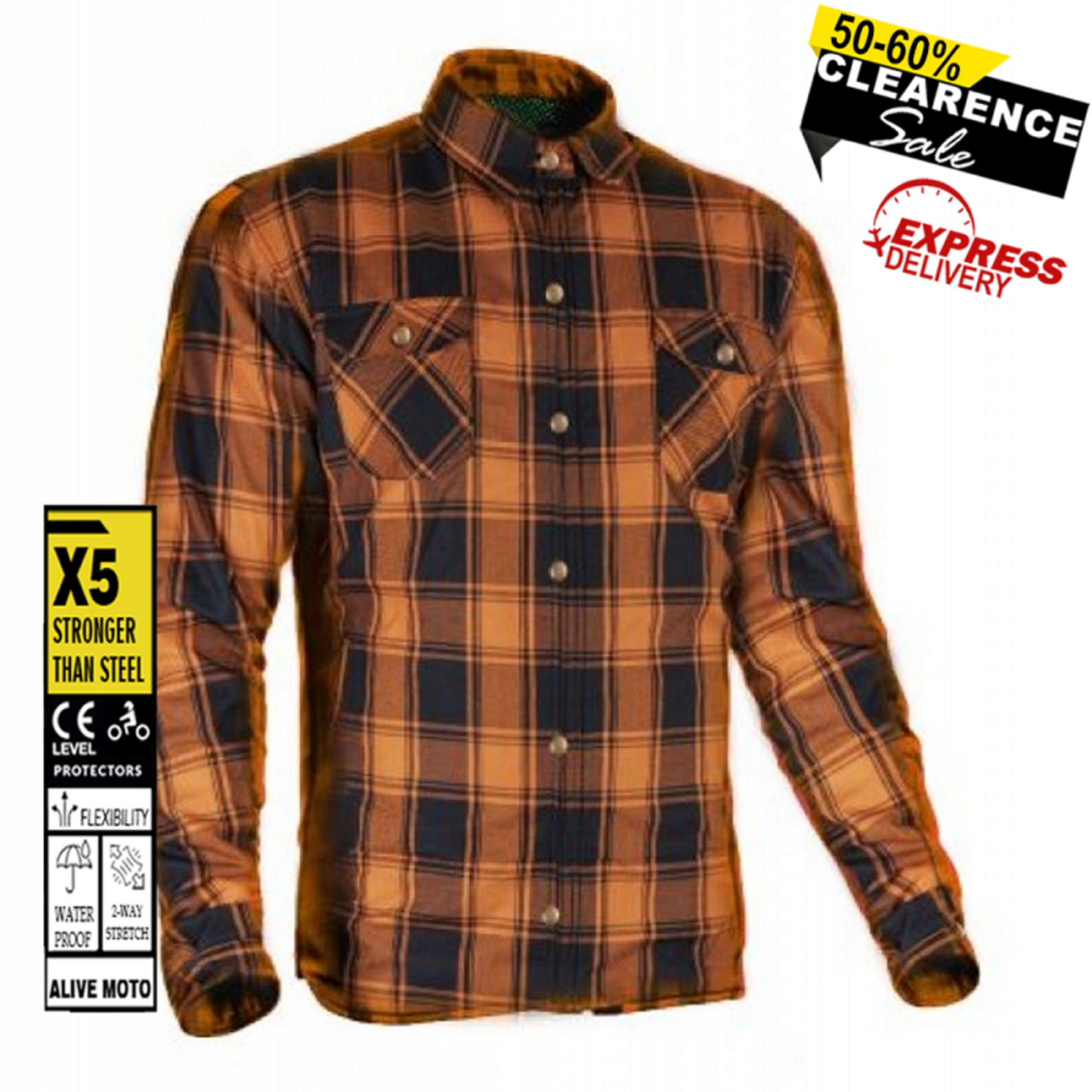 MC Premium Casual Flannel Orange Shirt – CE‑Certified EN 17092‑4 Motorcycle Protection