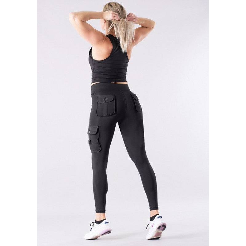 SHAPELAB Cargo Black Casual Tights – High Waist, 4-Way Stretch, Antimicrobial Women’s Leggings with Pockets