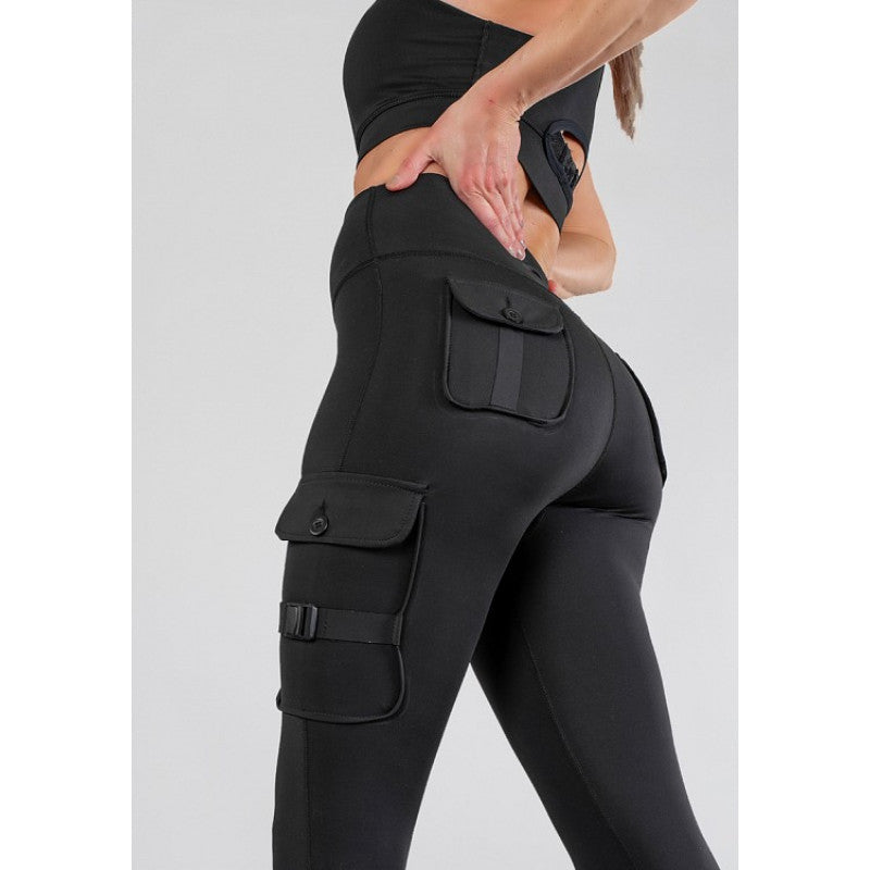 SHAPELAB Cargo Black Casual Tights – High Waist, 4-Way Stretch, Antimicrobial Women’s Leggings with Pockets