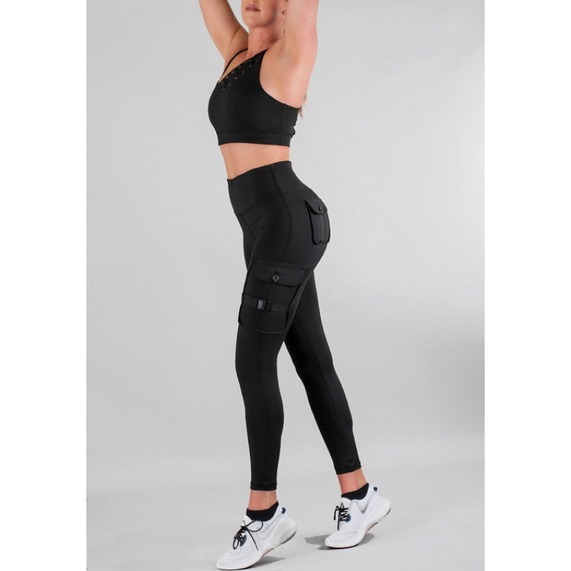 SHAPELAB Cargo Black Casual Tights – High Waist, 4-Way Stretch, Antimicrobial Women’s Leggings with Pockets