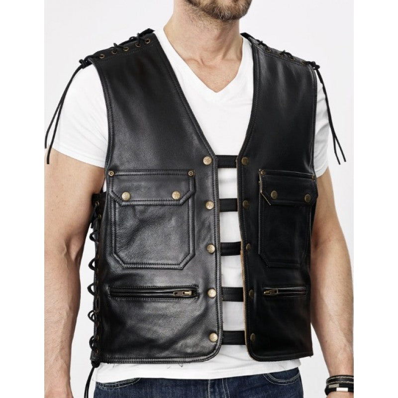 Tony black leather vest Premium Cowhide, Patch Ready Back, Ideal for Biker Clubs & Riders
