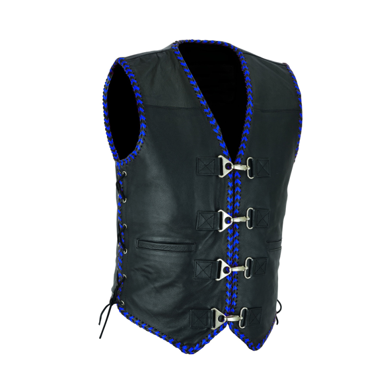 Men's Club Blue Laces Motorcycle leather Vest Cowhide, Patch Ready Back, Ideal for Biker Clubs & Riders
