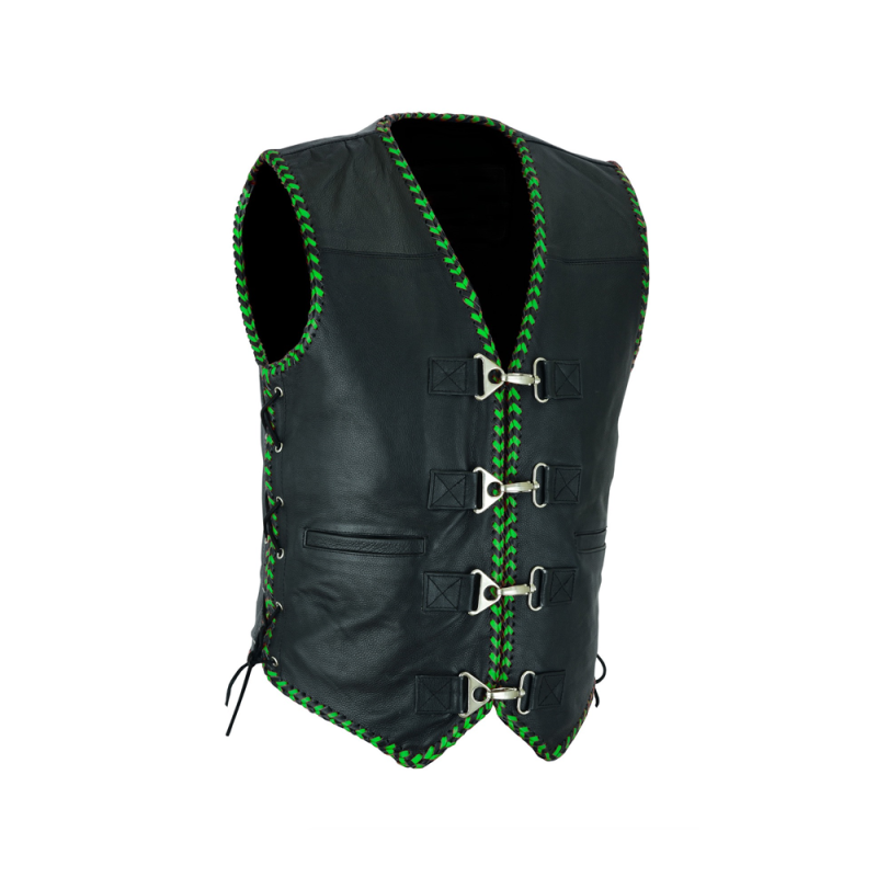 Men's Club Green laces leather Motorcycle Vest Premium Cowhide, Patch Ready Back, Ideal for Biker Clubs & Riders