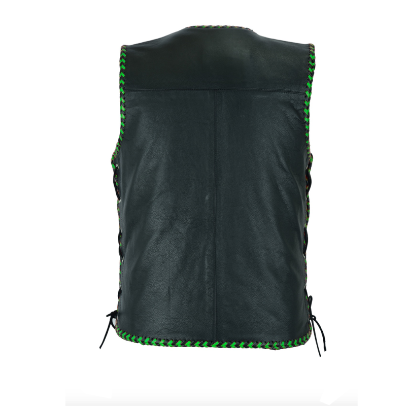 Men's Club Green laces leather Motorcycle Vest Premium Cowhide, Patch Ready Back, Ideal for Biker Clubs & Riders