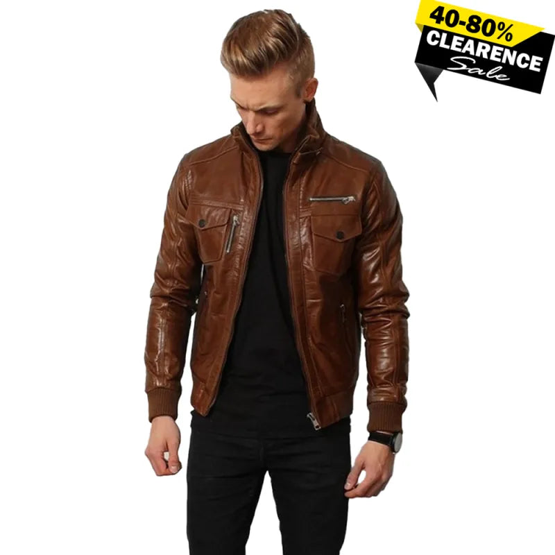 Men’s Vintage Brown Leather Jacket – Real Leather, YKK Zipper, Rib-Knit Cuffs, Mobile Pocket, Stylish & Functional