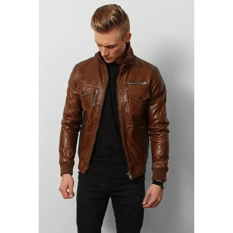 Men’s Vintage Brown Leather Jacket – Real Leather, YKK Zipper, Rib-Knit Cuffs, Mobile Pocket, Stylish & Functional