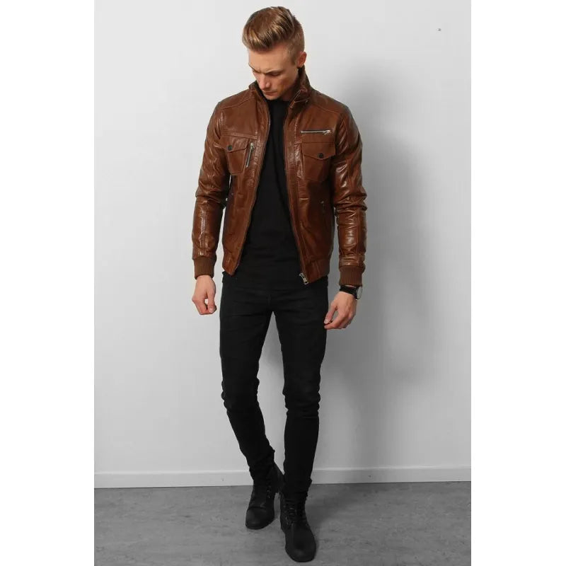 Men’s Vintage Brown Leather Jacket – Real Leather, YKK Zipper, Rib-Knit Cuffs, Mobile Pocket, Stylish & Functional