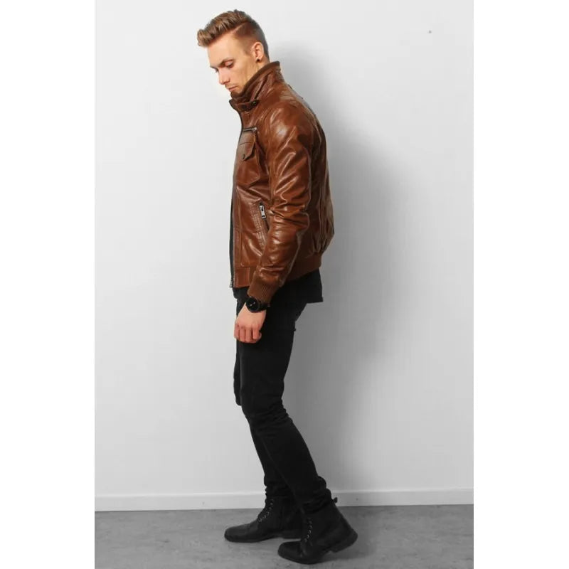 Men’s Vintage Brown Leather Jacket – Real Leather, YKK Zipper, Rib-Knit Cuffs, Mobile Pocket, Stylish & Functional
