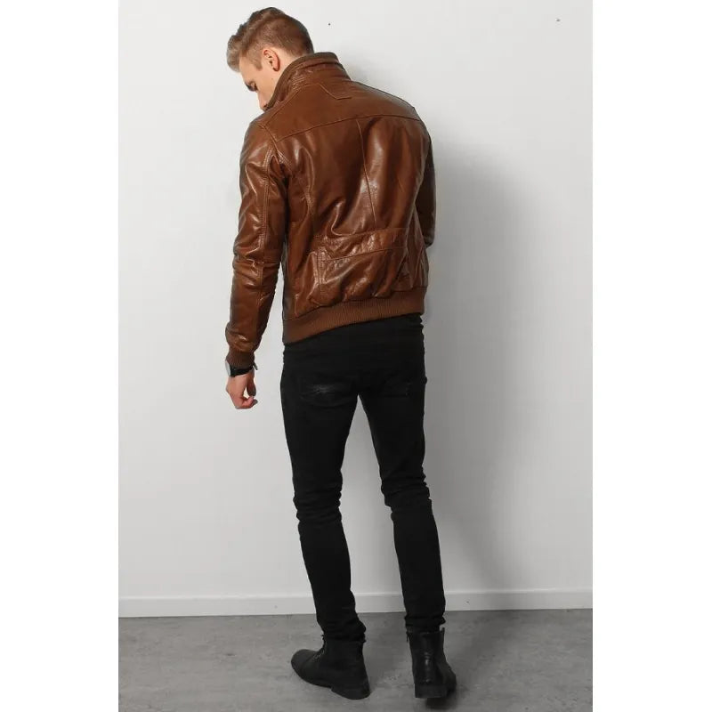 Men’s Vintage Brown Leather Jacket – Real Leather, YKK Zipper, Rib-Knit Cuffs, Mobile Pocket, Stylish & Functional