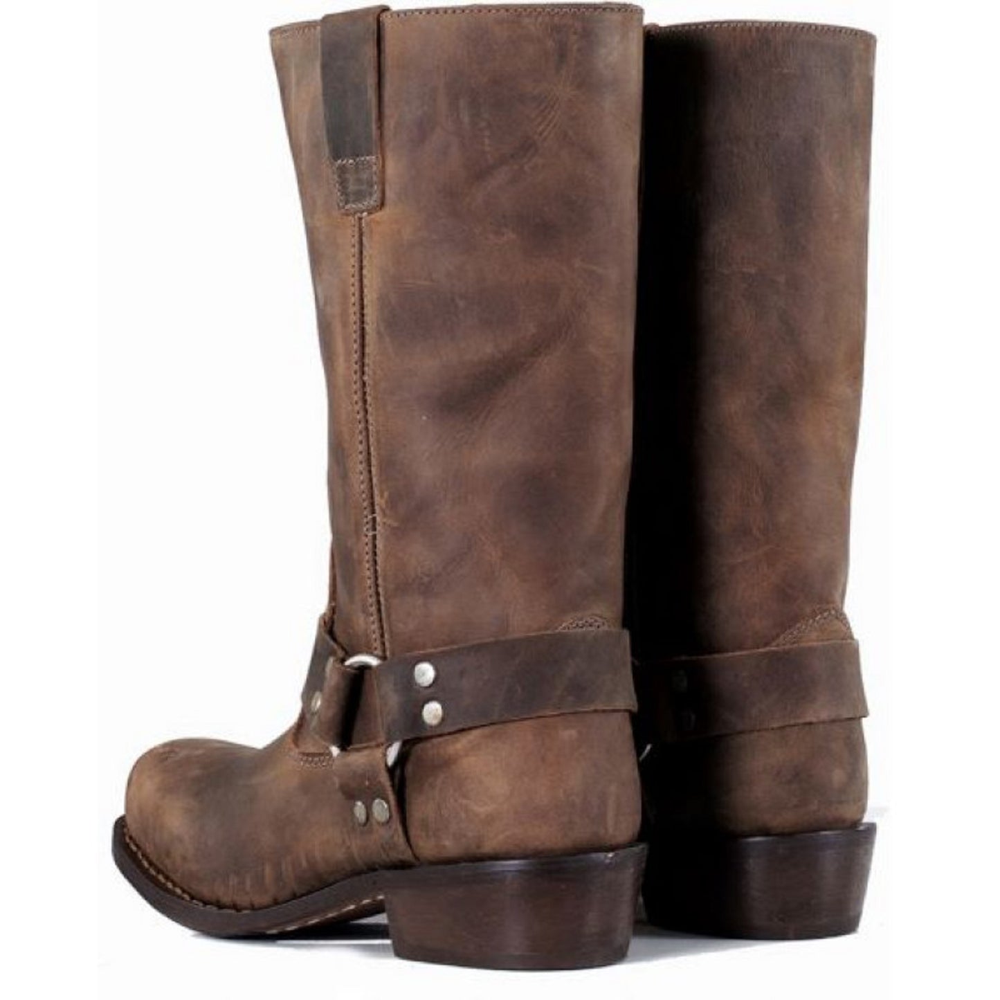 Men’s Vintage Harness Brown Leather Chopper Boots – Brown Crazy Full Grain Leather, Leather Lining & Insole, Rubber Welt Sole with Silver Ring & Rivet Detail