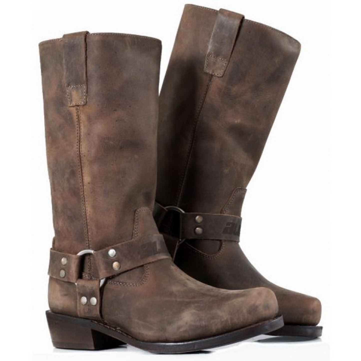 Men’s Vintage Harness Brown Leather Chopper Boots – Brown Crazy Full Grain Leather, Leather Lining & Insole, Rubber Welt Sole with Silver Ring & Rivet Detail