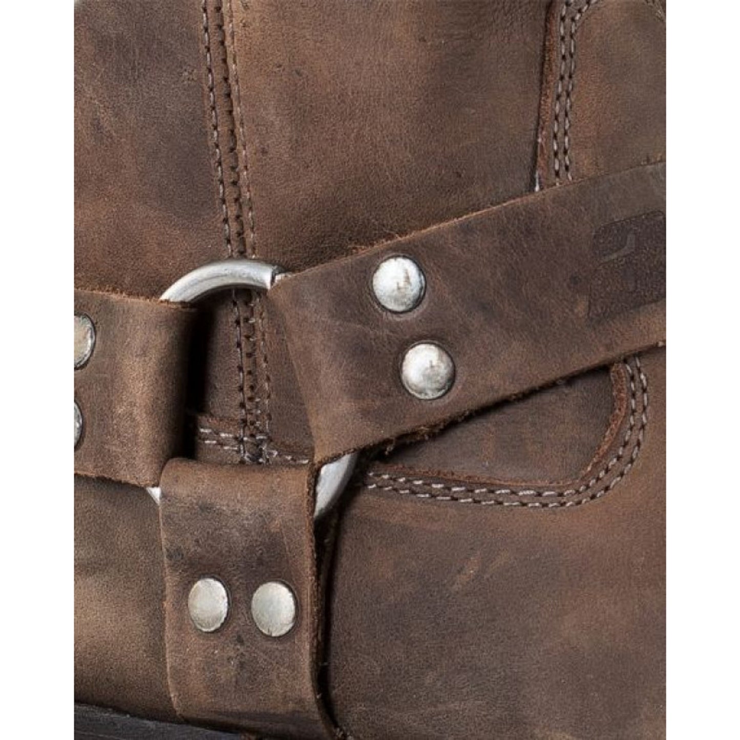 Men’s Vintage Harness Brown Leather Chopper Boots – Brown Crazy Full Grain Leather, Leather Lining & Insole, Rubber Welt Sole with Silver Ring & Rivet Detail