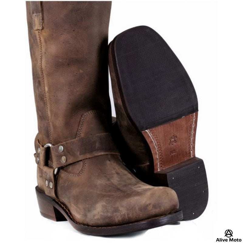 Men’s Vintage Brown Chopper Boots – Natural Leather, Harness Design, Urban Series