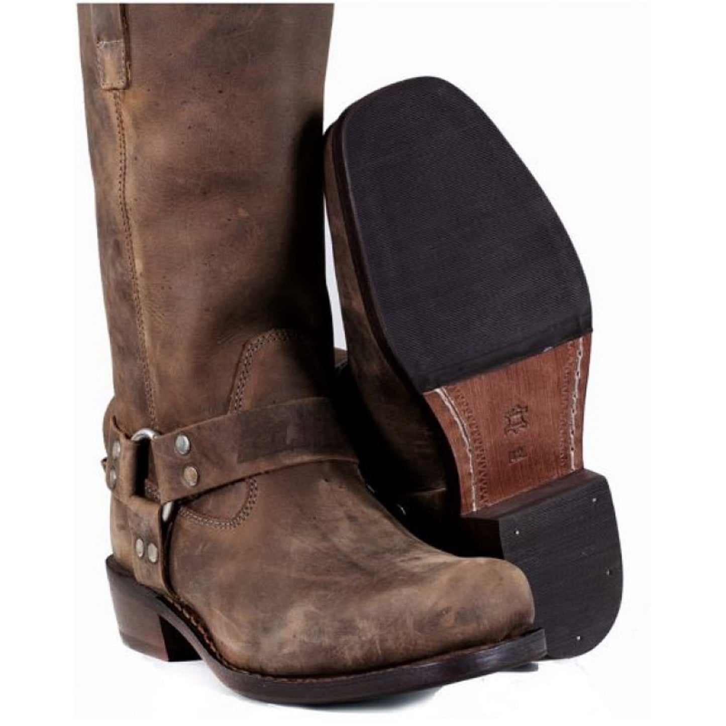 Men’s Vintage Harness Brown Leather Chopper Boots – Brown Crazy Full Grain Leather, Leather Lining & Insole, Rubber Welt Sole with Silver Ring & Rivet Detail