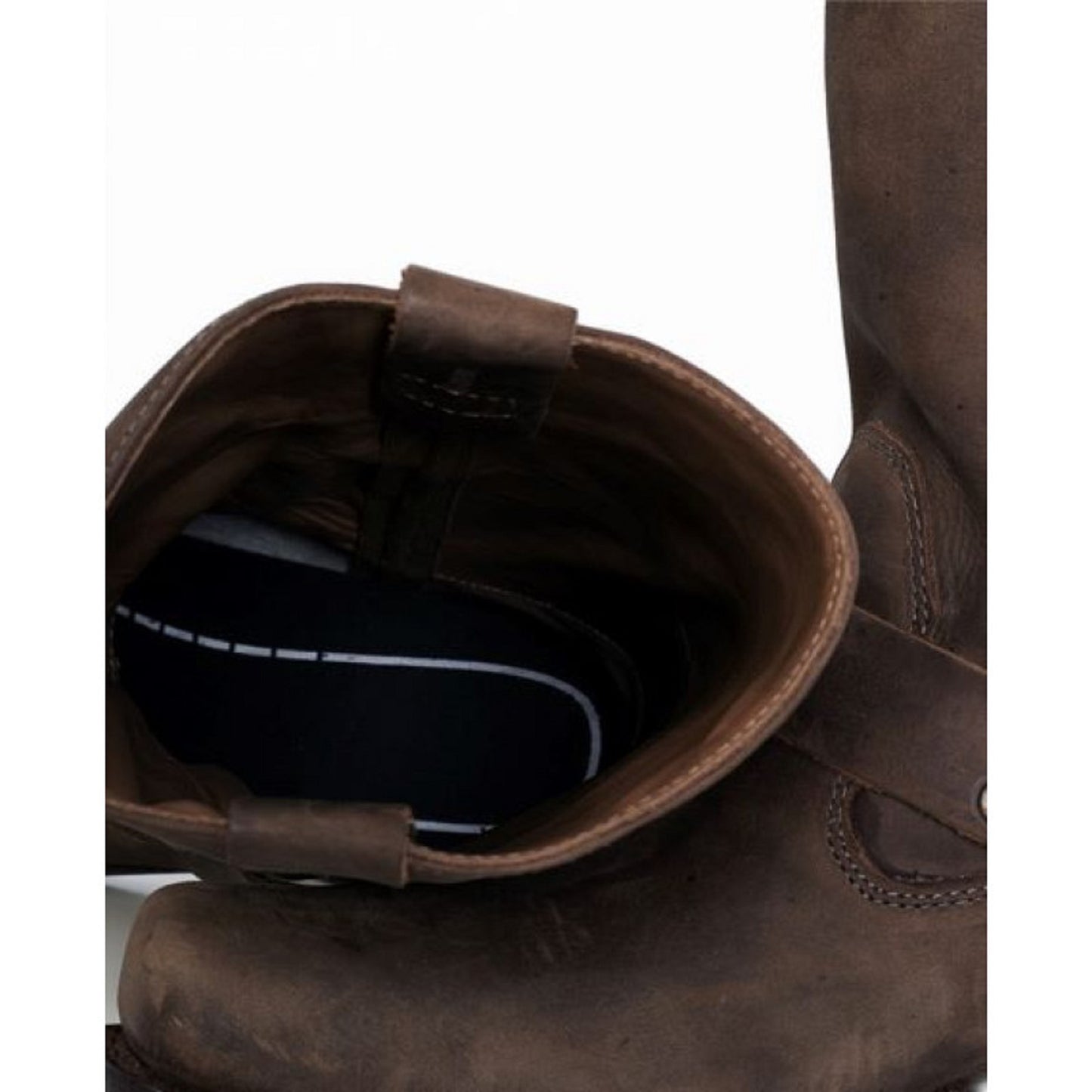 Men’s Vintage Harness Brown Leather Chopper Boots – Brown Crazy Full Grain Leather, Leather Lining & Insole, Rubber Welt Sole with Silver Ring & Rivet Detail