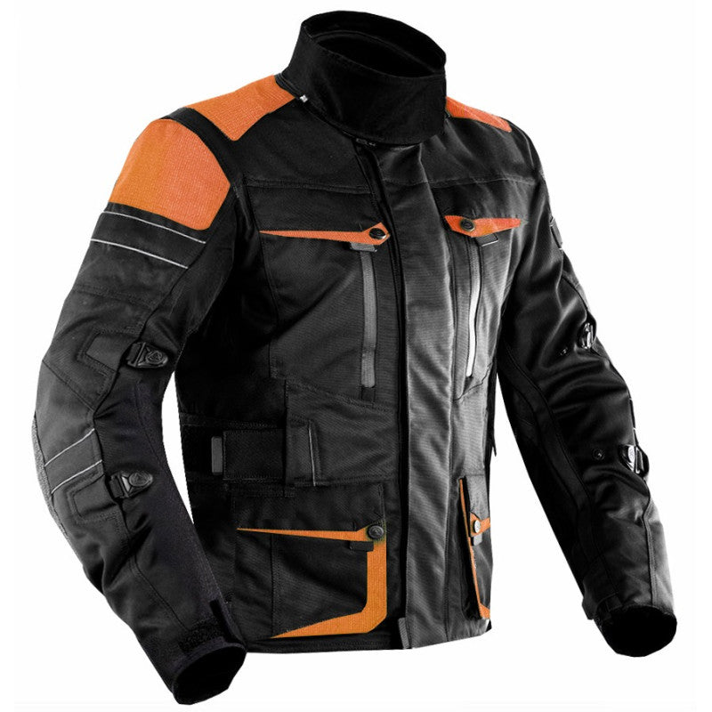 Premium Dynatech Orange Flour Black Textile Motorcycle Jacket Waterproof, Windproof, CE Armored, All-Weather Riding Gear