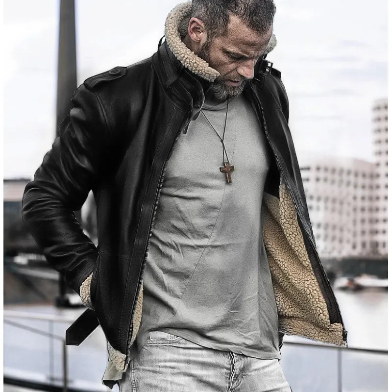 Men’s Shearling Brown Leather Winter Jacket – Vintage Cowskin, Premium Lambskin Lining, Multi-Pocket Design