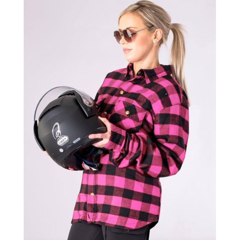 Women’s Pink Flannel Motorcycle Shirt with DuPont™ Kevlar® – CE Certified EN 17092-4:2020 – Armoured, Water-Repellent, All-Weather Riding Shirt (XXS–6XL)