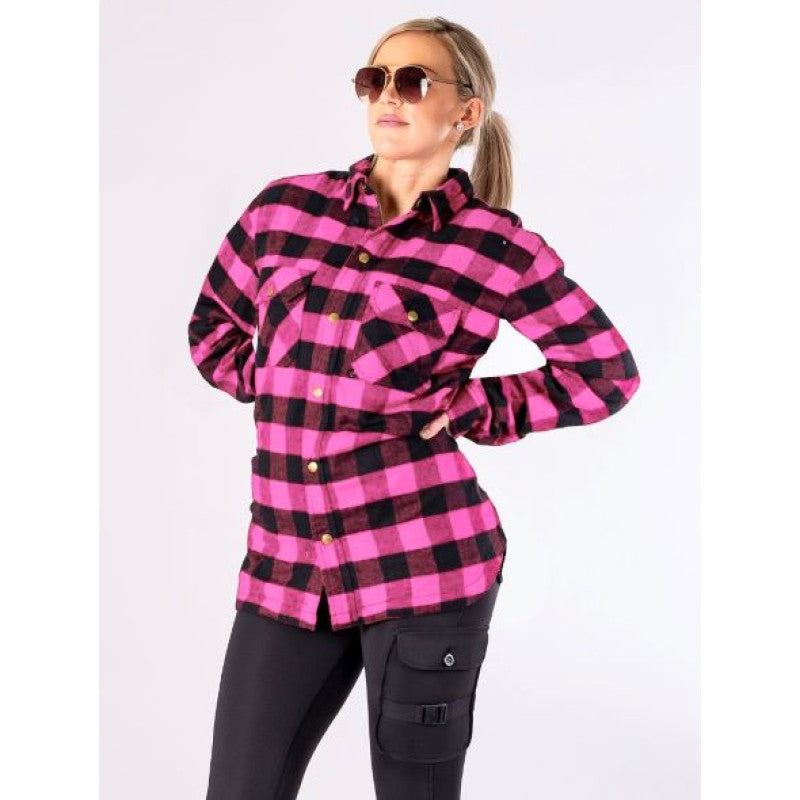 Women’s Pink Flannel Motorcycle Shirt with DuPont™ Kevlar® – CE Certified EN 17092-4:2020 – Armoured, Water-Repellent, All-Weather Riding Shirt (XXS–6XL)