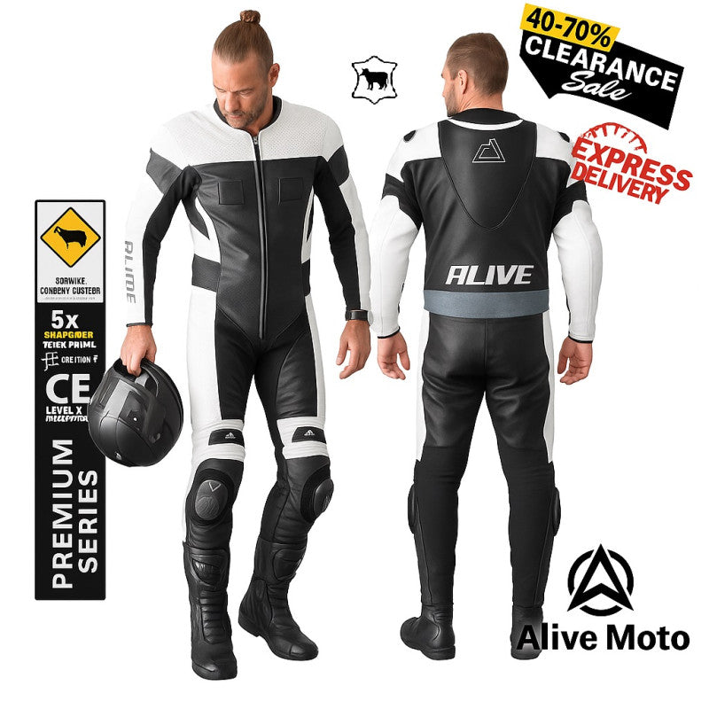 Mini Moto Racing Leather Suit – Black/White | 1.2–1.4mm Cowhide, CE Level 2 Armor, Kevlar® Reinforced, One-Piece Race Suit