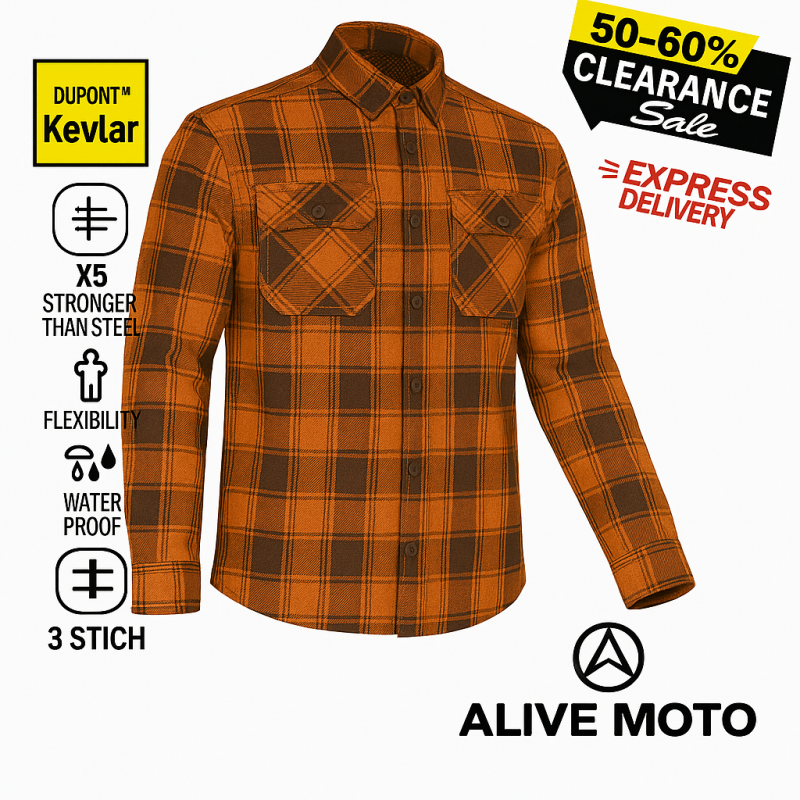 Motorcycle Premium Flannel Orange Shirt – CE Certified, Kevlar® Lined, Water-Repellent, All-Weather Protection