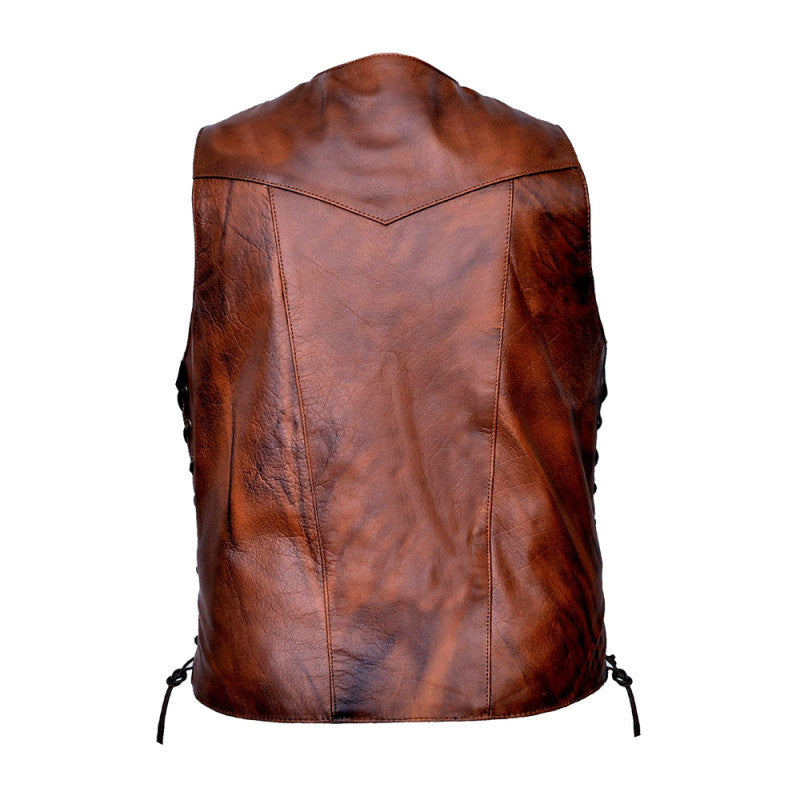 Iron Stallion Vintage Brown Motorcycle Leather Vest Premium Cowhide, Classic Biker Style with Pockets & Patch-Ready Back