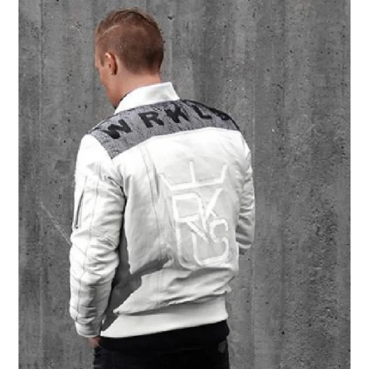 Premium Bomber White Leather Jacket – Full Grain Lambskin, Shearling Collar, Rib-Knit Cuffs & Hem, Front Zipper, Winter Aviator Style
