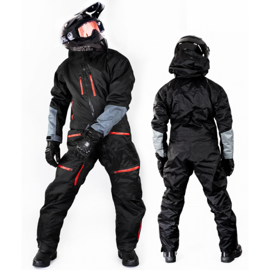 "High-Performance Snowmobile Suit: Front and Back View"