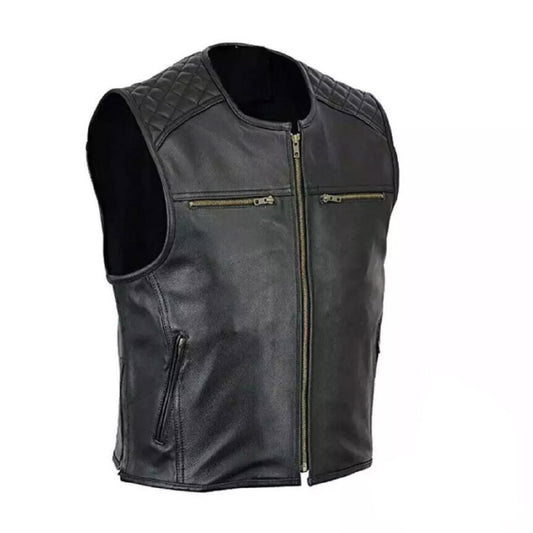 Horizon Cruiser Black Motorcycle Leather Vest  Premium Biker Style with Adjustable Fit, Pockets & Patch Friendly Back Panel
