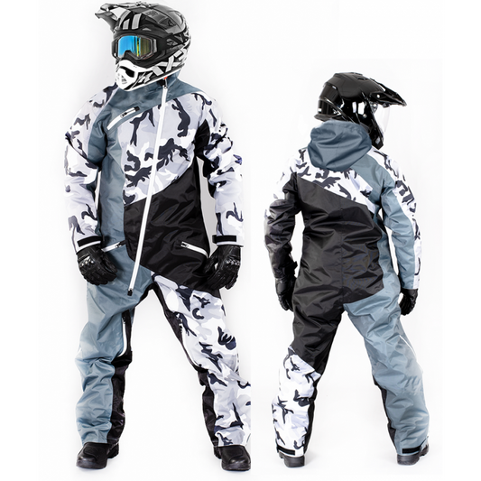 Arctic Camo Storm: High-Performance Snowmobile Suit – White & Grey Edition