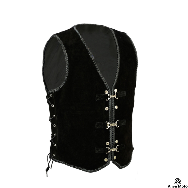 Men's Black Suede Biker Vest with Metal Clasp Closure - Vintage Gothic Style