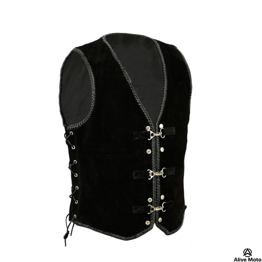 Men's Black Suede Biker Vest with Metal Clasp Closure - Vintage Gothic Style