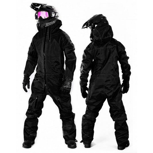 "JetWear Stealth One-Piece Snowmobile Suit – All-Black Performance Gear for Extreme Winter Riding