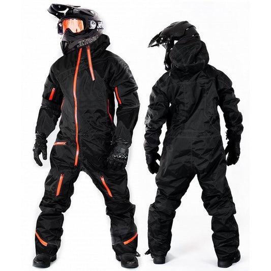 All-Weather Black Snowmobile One-Piece Suit with Orange Accents & Protective Helmet Gear"