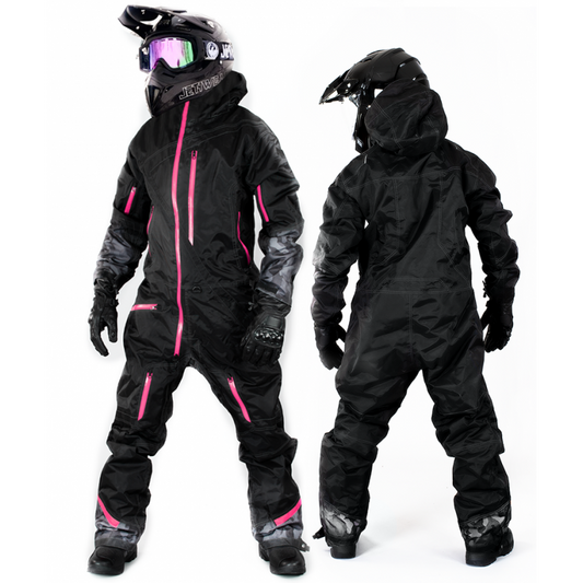 "JetWear Aurora Women's Snowmobile Suit – All-Weather One-Piece with Black Design and Bold Pink Accents for Winter Riding"