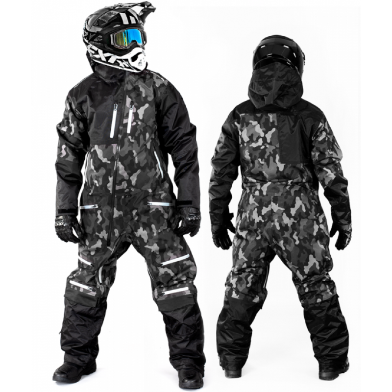 "All-Terrain Stealth: High-Performance Snowmobile Suit in Camo Black"